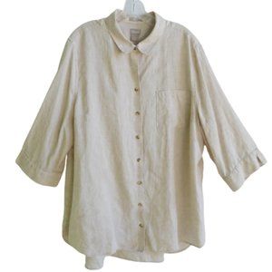 Chico's No Iron Linen Shirt Oatmeal Ecru Three Quarter Sleeve 4 Plus Size 20 22
